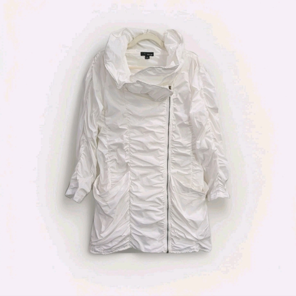 Sun Kim Womens Sydney Ruched Jacket M White Lagenlook Water Resistant Travel USA